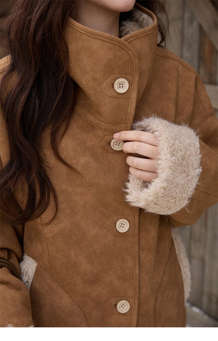 MISHOW Women's Double Sided Wearing Jacket 2025 Winter Lamb Wool Lapel Coat Warm Windproof Commuter Coat with Pockets MXE91W1015