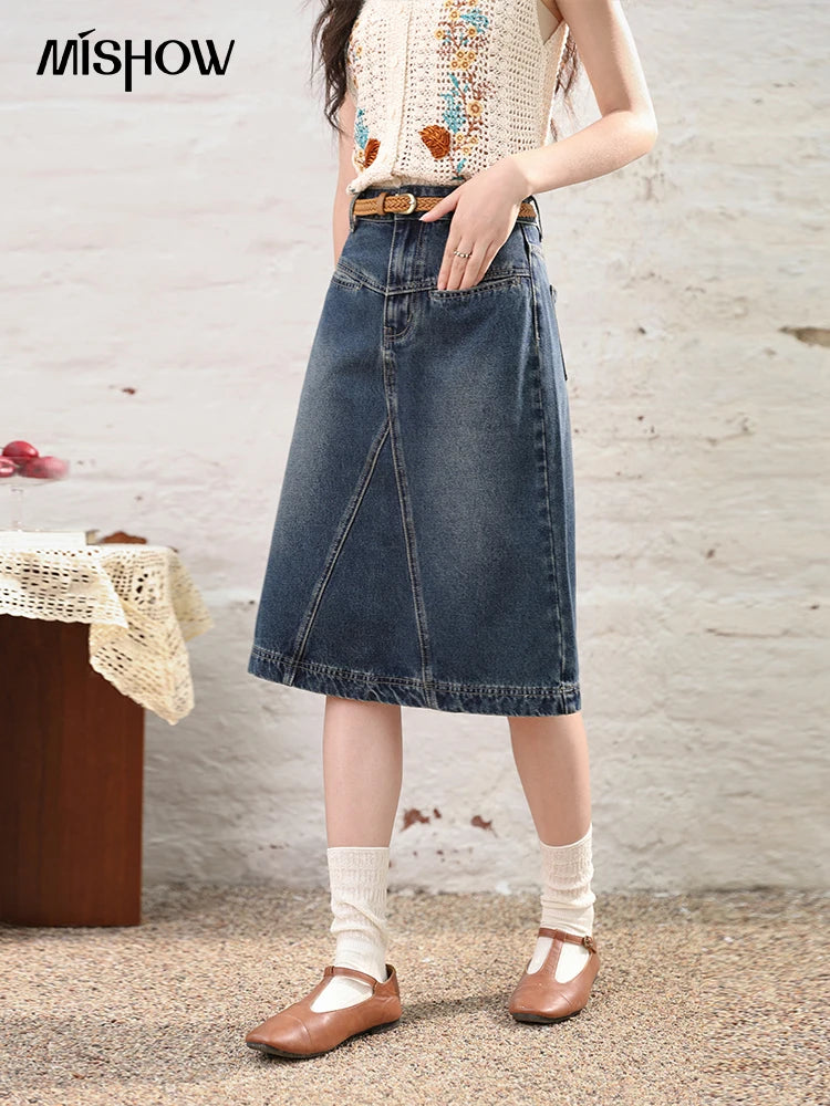 MISHOW Denim Fishtail Skirt 2024 Summer Retro Casual Love Embroidered Pockets Skirt A-line Umbrella Knee-Length Skirt MXD28B0414