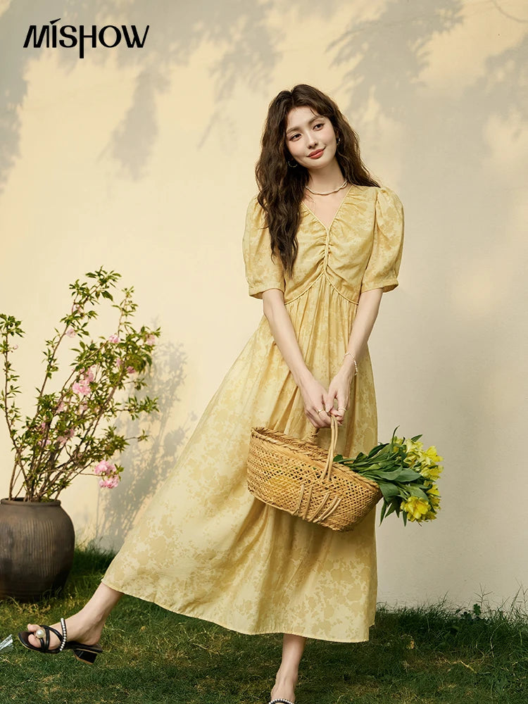 MISHOW Tea Break V-neck Dress for Women 2024 Summer French Temperament Chiffon Floral Puff Sleeve Waist Long Dresses MXD23L1878