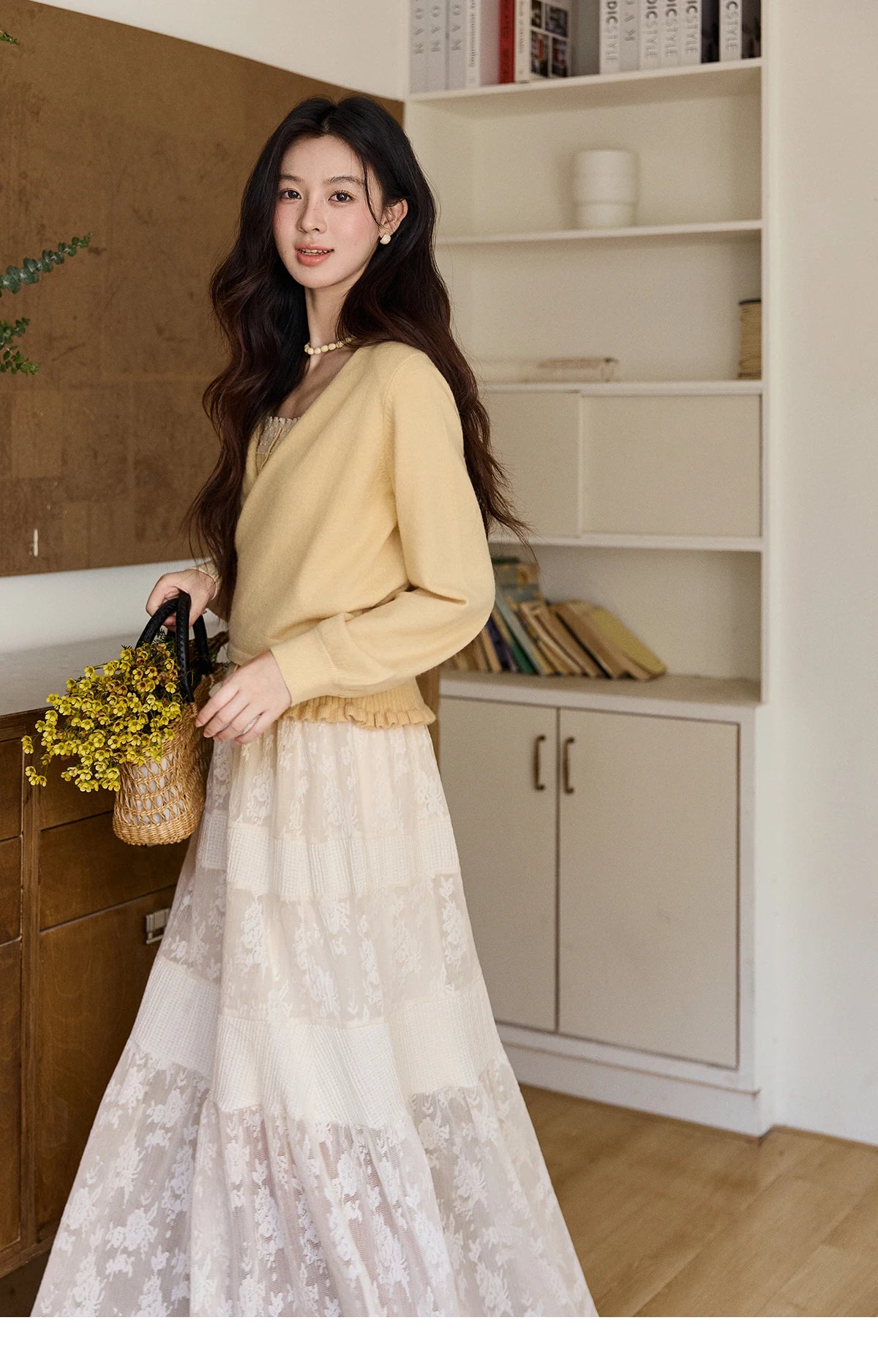 MISHOW Women's Yellow Two-Piece Set 2026 Spring Ruffled Hem Camisole Lace Trim Knitted Cardigan Casual Slim Outfit MXF11T1472