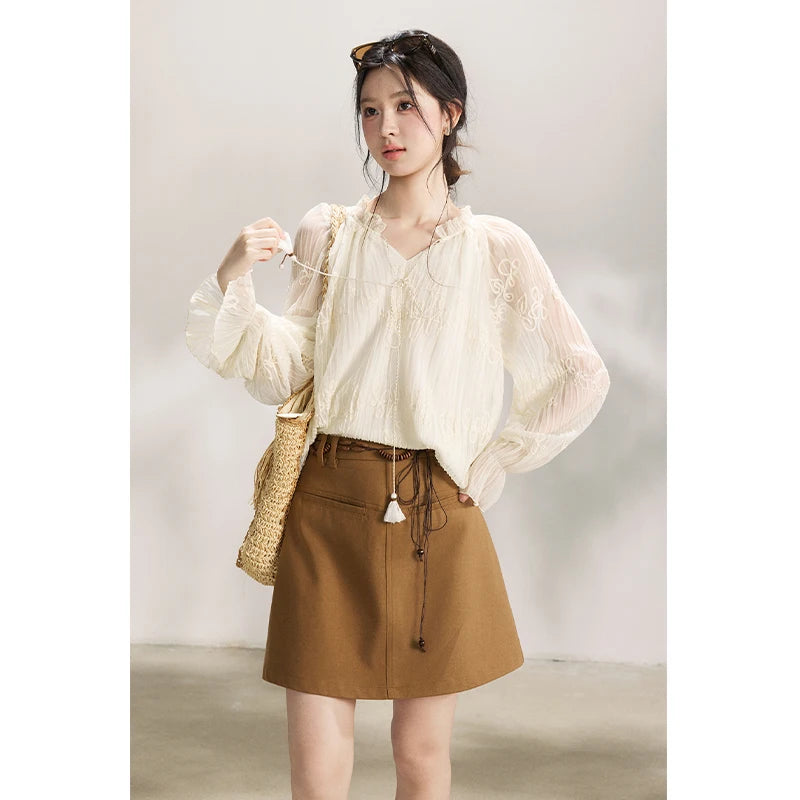 MISHOW Women's Tassel Tie Flower Embroidered Blouse 2026 Spring V-Neck Lantern Sleeves Top Casual Loose Sheer Blouses MXF13X2525