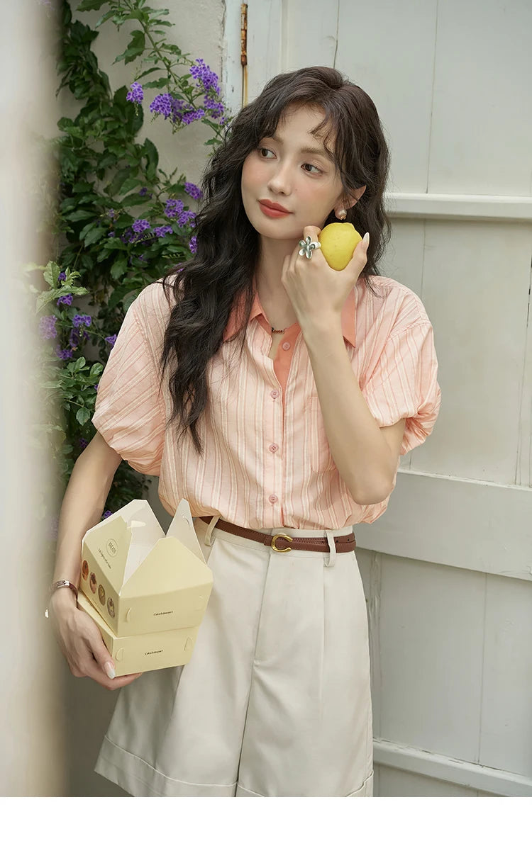 MISHOW Women's Hong Kong Retro Pink Striped Shirt 2024 Summer Short Sleeve Bubble Sleeve Single Breasted Lapel Top MXD28C0250