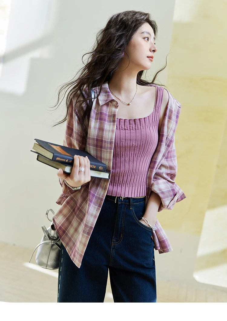 MISHOW Women's 100 Cotton Long-sleeve Purple Plaid Shirt Spring 2025 Loose Pockets Casual Shirts Korean Polo Neck Top MXE14C0417
