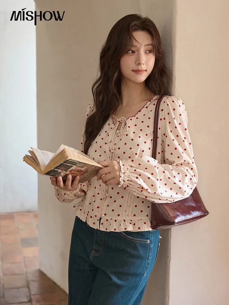 MISHOW Apricot Bottom Red Polka Dot Shirt for Women Autumn 2025 Korean Ruffled Edges Shirts V-neck Lace-up Sweet Top MXE42X1971