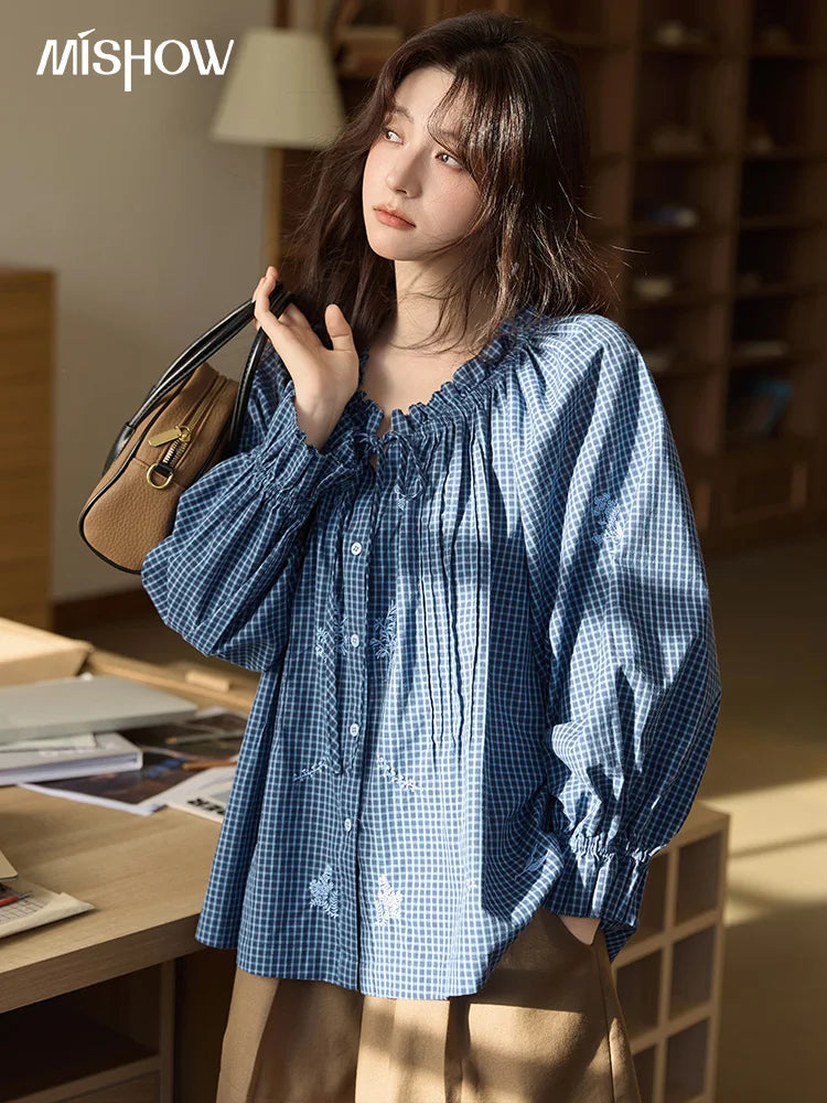 MISHOW Blue Plaid Embroidered Shirt Autumn 2025 Black Fungus Edge Collar Lace-up Doll Shirt 100cotton Loose Retro Top MXE44X2467