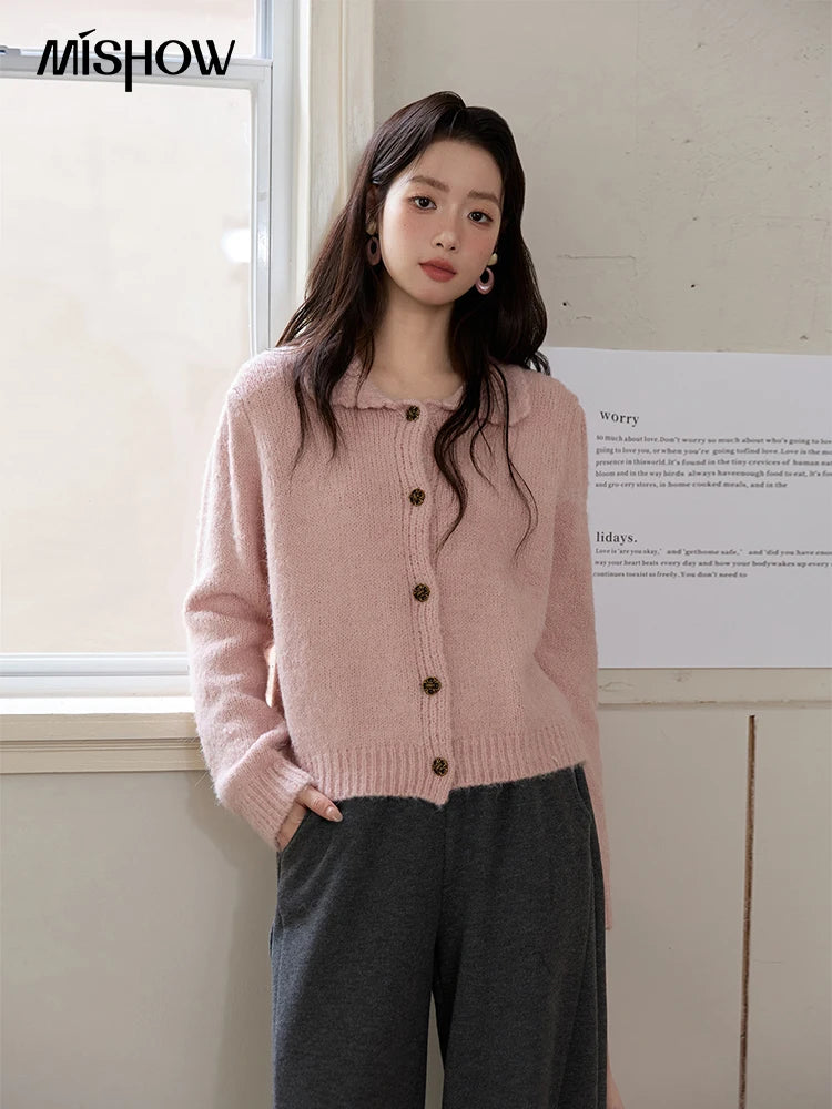 MISHOW Pink French Cardigan Women 2025 Autumn Winter New Sweet Turn-down Collar Single-breasted Loose Knit Sweater MXE48Z2569