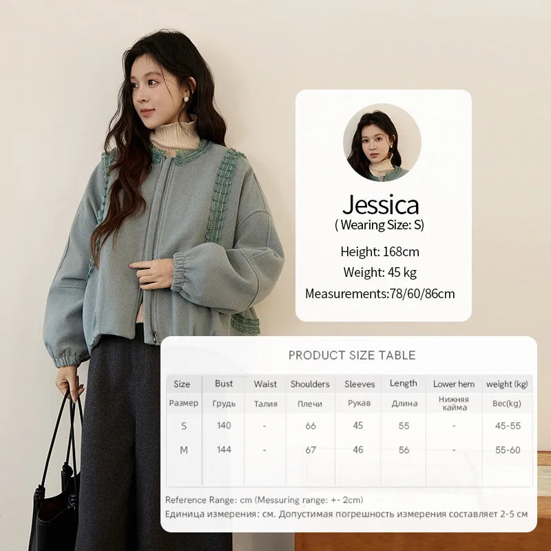 MISHOW Women's Light Blue Down Coats Winter Lace Decor Zipper Puff Sleeve Coats O Neck Loose Casual Warm Outerwear MXE94W1048