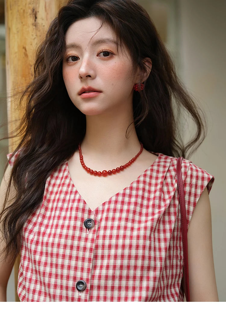 MISHOW Women's Fashion V-neck Shirt 2025 Summer New Plaid Ladies Red Button Shirt Casual Retro Top Female Clothing MXE37X1921