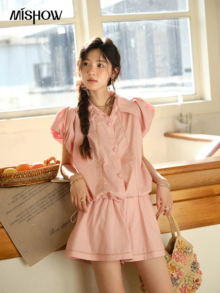 MISHOW 2 Pieces Set for Woman 2025 Summer New Loose Sweet Short Sleeve Button Shirt Casual Shorts Set Ladies Clothing MXE34T0591