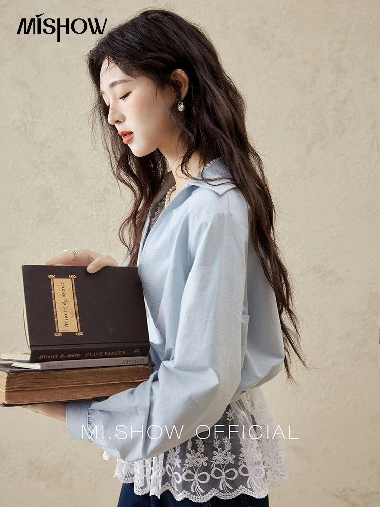 MISHOW French Spring Shirts Women 2025 Long Sleeve Turn-down Collar Fake Two-piece Blouses Female Splicing Lace Tops MXE16C0783