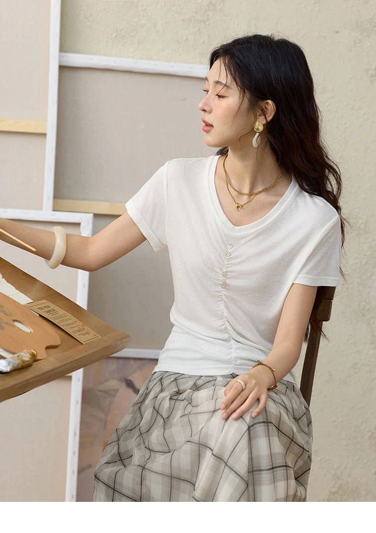 MISHOW V-neck Short Sleeve T-shirt Summer 2025 Mid Front Elastic Fold Single Row Shell Button Tees Casual Slim Tops MXE34T0560