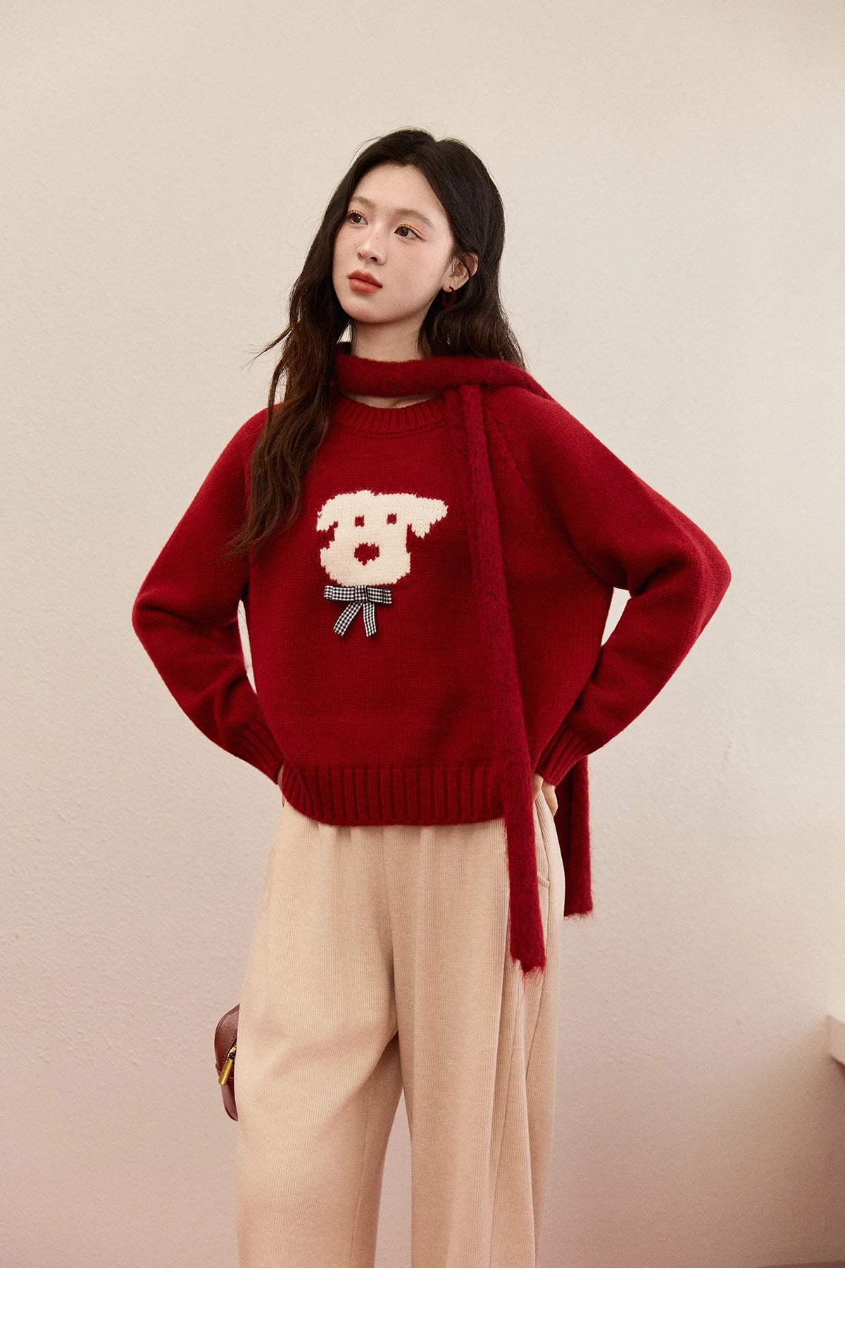 MISHOW New Year Women's Puppy Jacquard Crew Neck Knit Sweater 2026 Spring Loose Casual Red Sweater Excluding Scarf MXE93Z2932