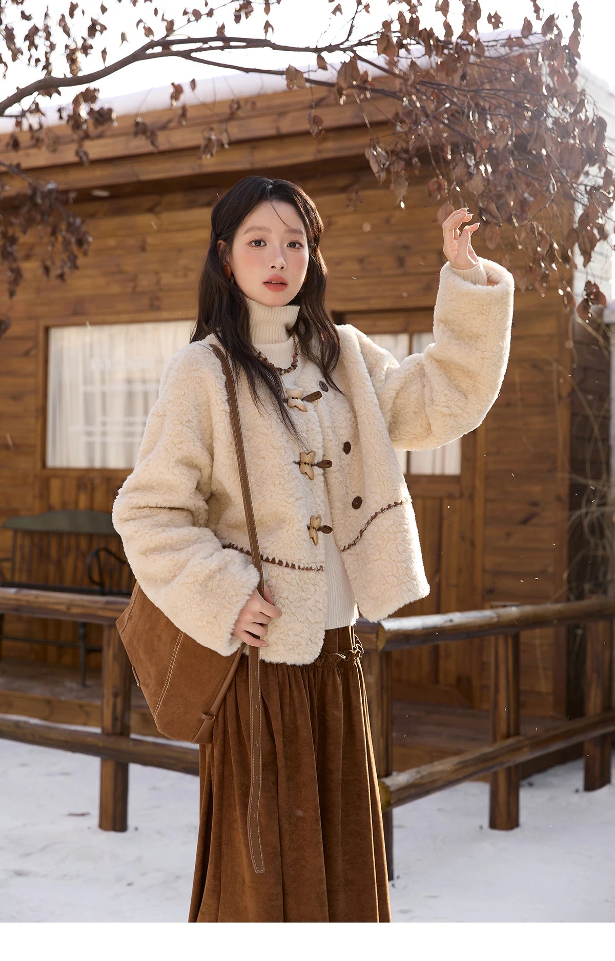 MISHOW Winter Jackets Women 2025 Retro Apricot Imitation Lambswool Coat Commuter Round Neck Single-breasted Jacket MXE51W0874