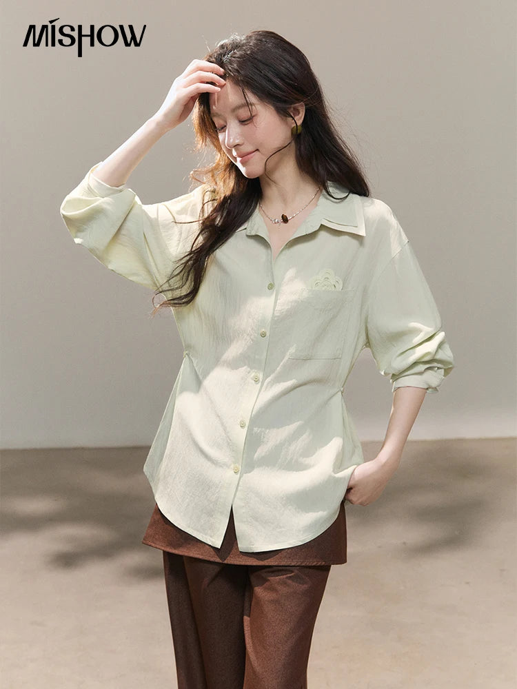 MISHOW Women's Contrast Trim Lapel Collar Shirts 2026 Spring Floral Embroidery Pocket Decor Button Waist Casual Shirt MXF13C2440