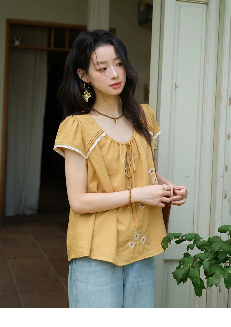 MISHOW Fashion Embroidery Flower Blouses for Woman 2025 Summer O-Neck Lace Up Flying Sleeve Lace Spliced Loose Top MXE39X1880