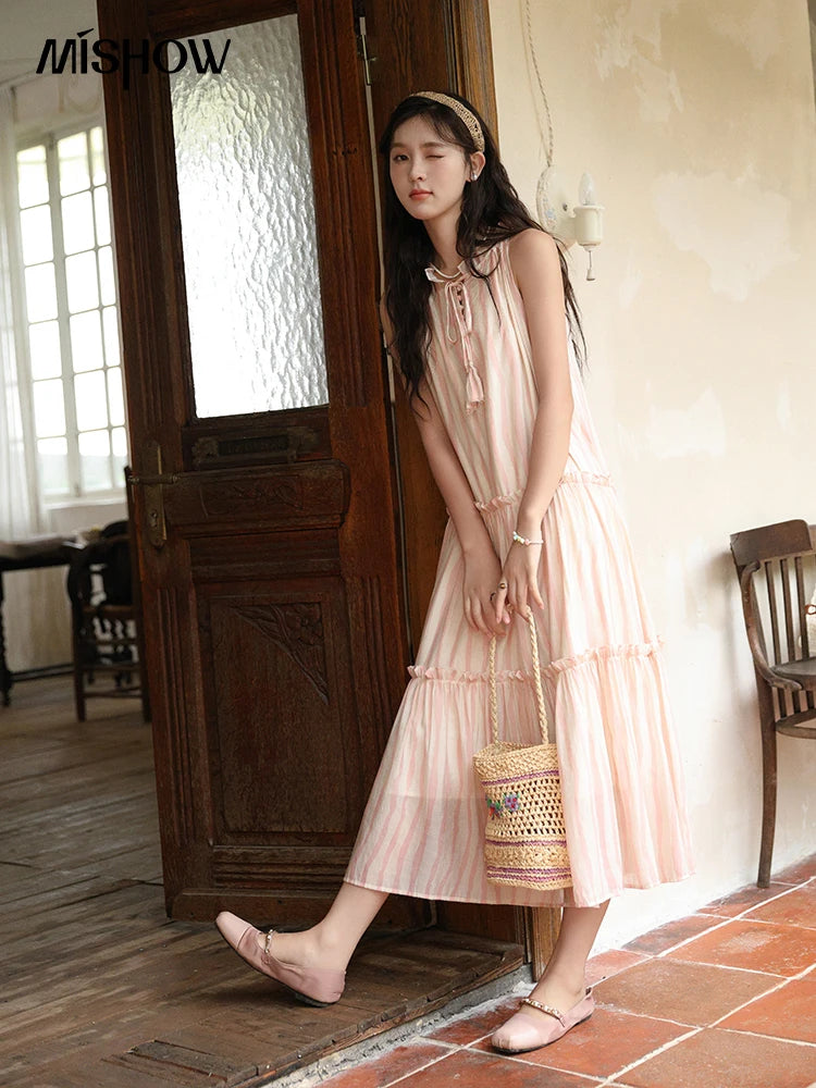 MISHOW Hanging Neck Striped Dress for Women 2024 Summer French Tea Break Camisole Dress Sweet Vacation Long Dresses MXD30L1951