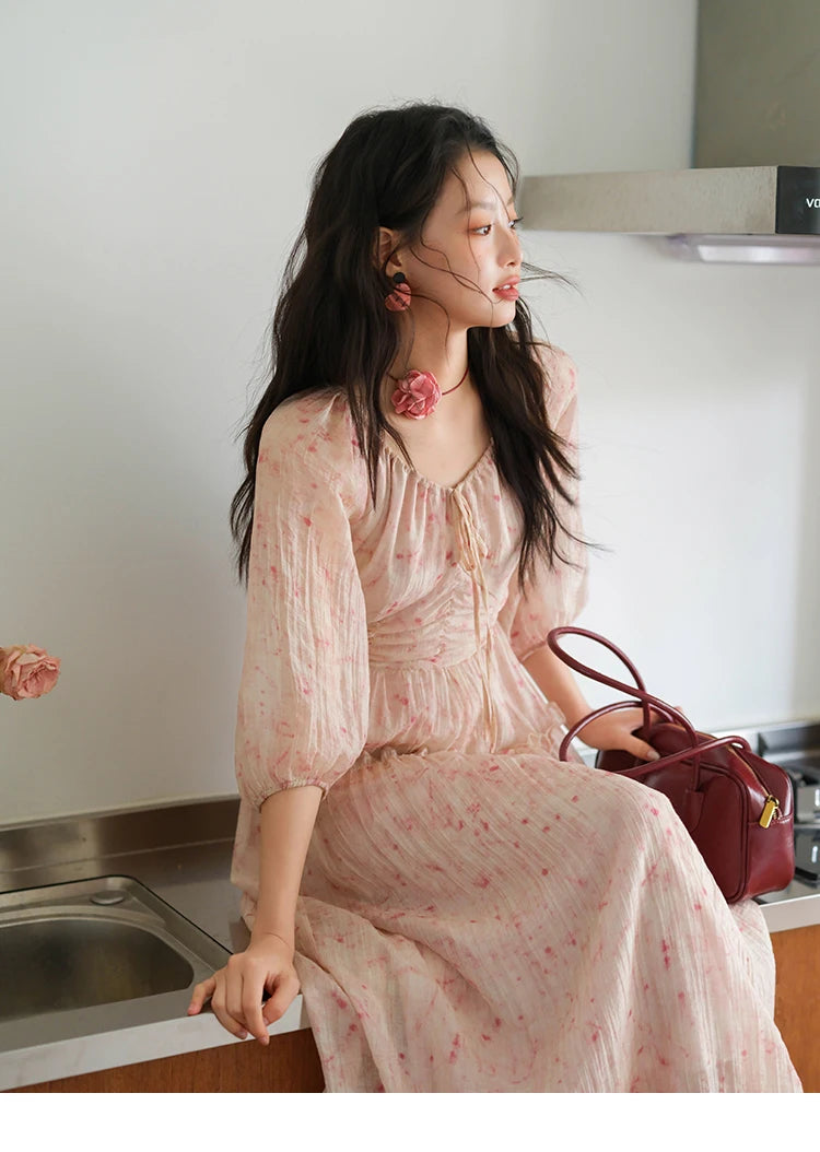 MISHOW Korean Women's Floral Pink Dress Autumn Convertible V Neck Off Shoulder Bubble Sleeves Elastic Waist Dresses MXE41L2479