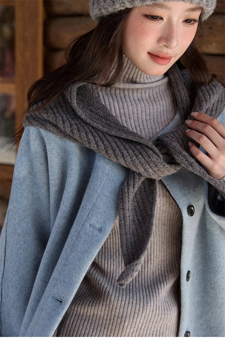 MISHOW Woman Blue Wool Coat with Shawl 2025 Winter Elegant Fashion Crew Neck Single-breasted Short Loose Thick Coat MXE87W0943