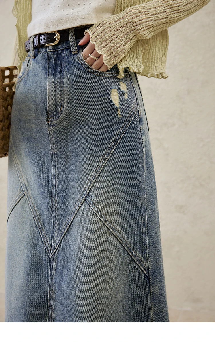 MISHOW Denim Skirt Women 2025 Spring Irregular Wash Denim Distressed Skirts Split Back Hem High Waist Commuter Skirt MXE14B0705