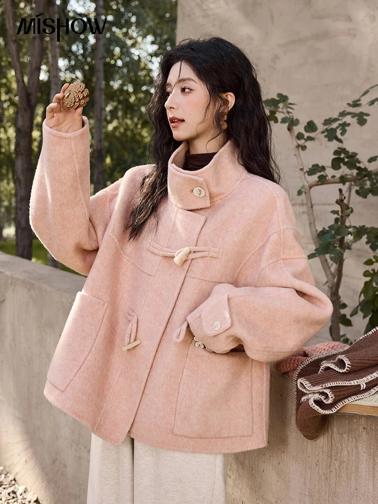 MISHOW Reversible Wool Velvet Coat Cow Horn Button Lapel Coat 2024 Winter Fashion Luxury Senior Korean Tweed Jacket MXD44W0446