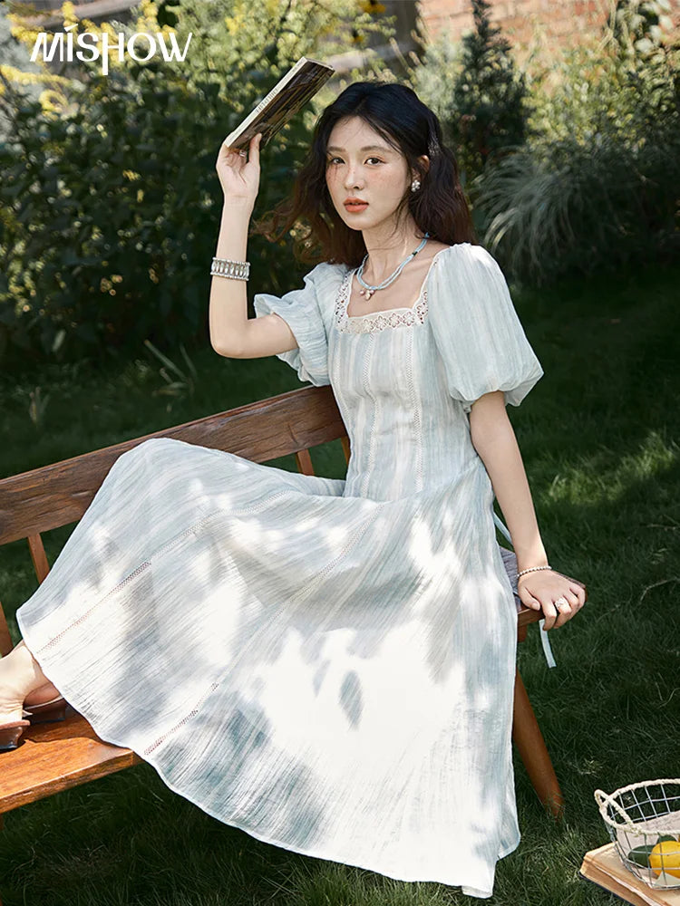 MISHOW Women's Summer Dress 2025 New Fashion Striped Square Neck Spliced Lace Hollow Out Dress Waist Lace Up Dresses MXE39L2403