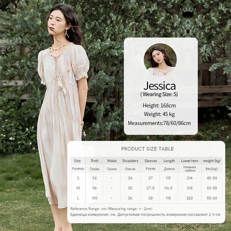 MISHOW French Summer Dress Women 2025 New V-neck Short Puff Sleeve Hollow Gradient Dresses Female Fashion Slimming MXE31L2166