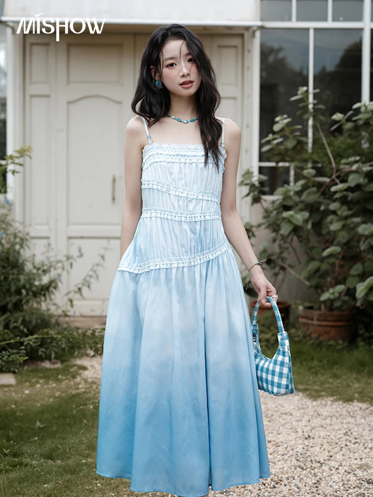 MISHOW Female Fashion Gradient Strap Dress 2025 Summer Sleeveless Black Fungal Edge Sashes Women's Vacation Dresses MXE34L2242