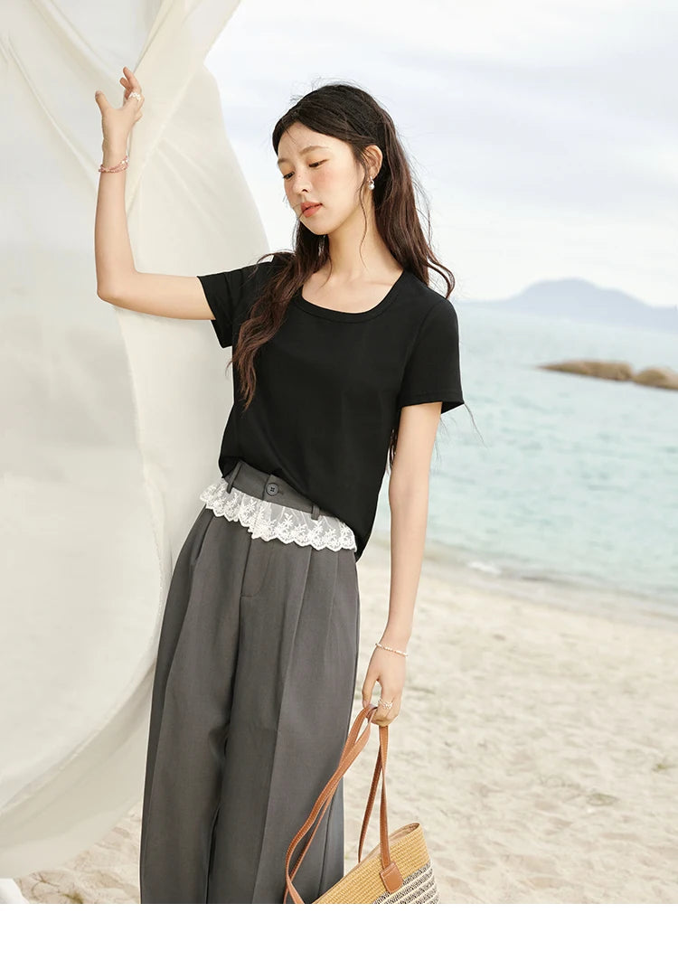 MISHOW Solid Casual T-shirts Women Summer 2025 New Square Neck Short Sleeve Shirt Female Fashion Straight Tops Woman MXE15T0483