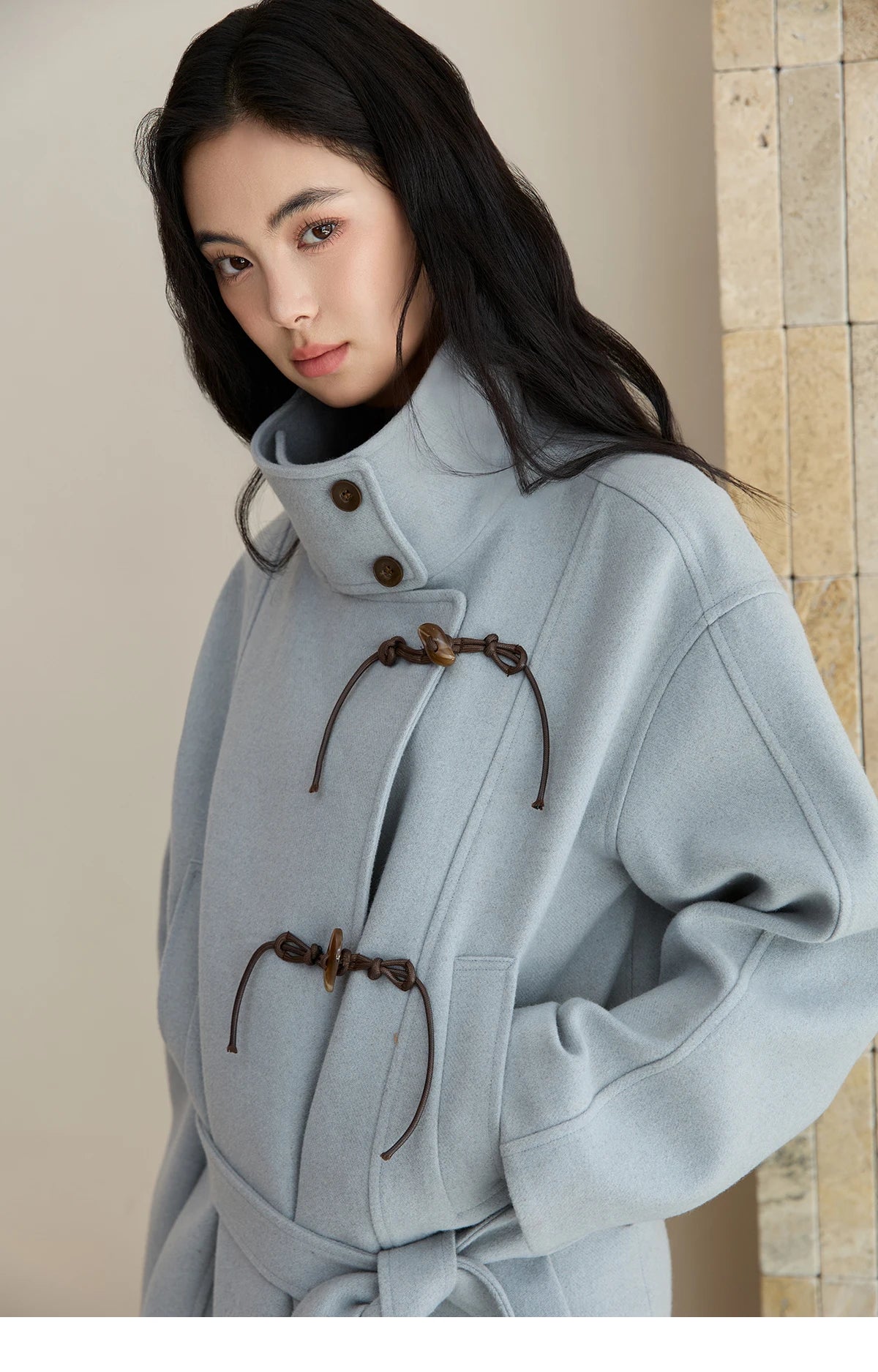 MISHOW Blue Woolen Coat Women 2025 Winter New Double-breasted Lace Up Coat Mid-length Windbreaker Women's Clothing MXE51W0872