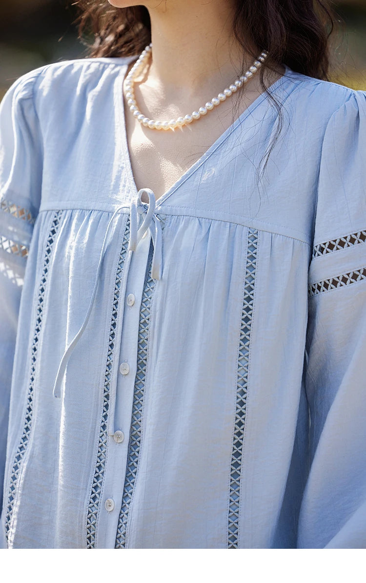 MISHOW French Sweet Loose Blue Shirt for Women 2025 Spring Summer V-neck Lace-up Hollow Doll Shirt Lantern Sleeve Top MXE12C0411