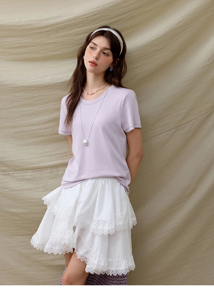 MISHOW Casual Summer T-shirts Women Short Sleeve Round Neck Solid Straight Shoulder Shirt Female Fashion Slimming New MXE31T0532