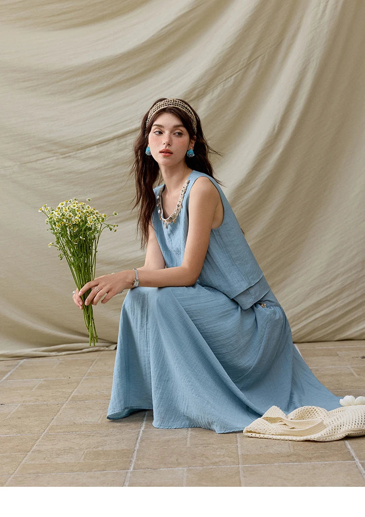 MISHOW Office Lady Summer Vest Skirt Sets Women 2025 Sheel Ribbon Solid Round Neck Tops Loose High Waist Skirt Female MXE32T0556