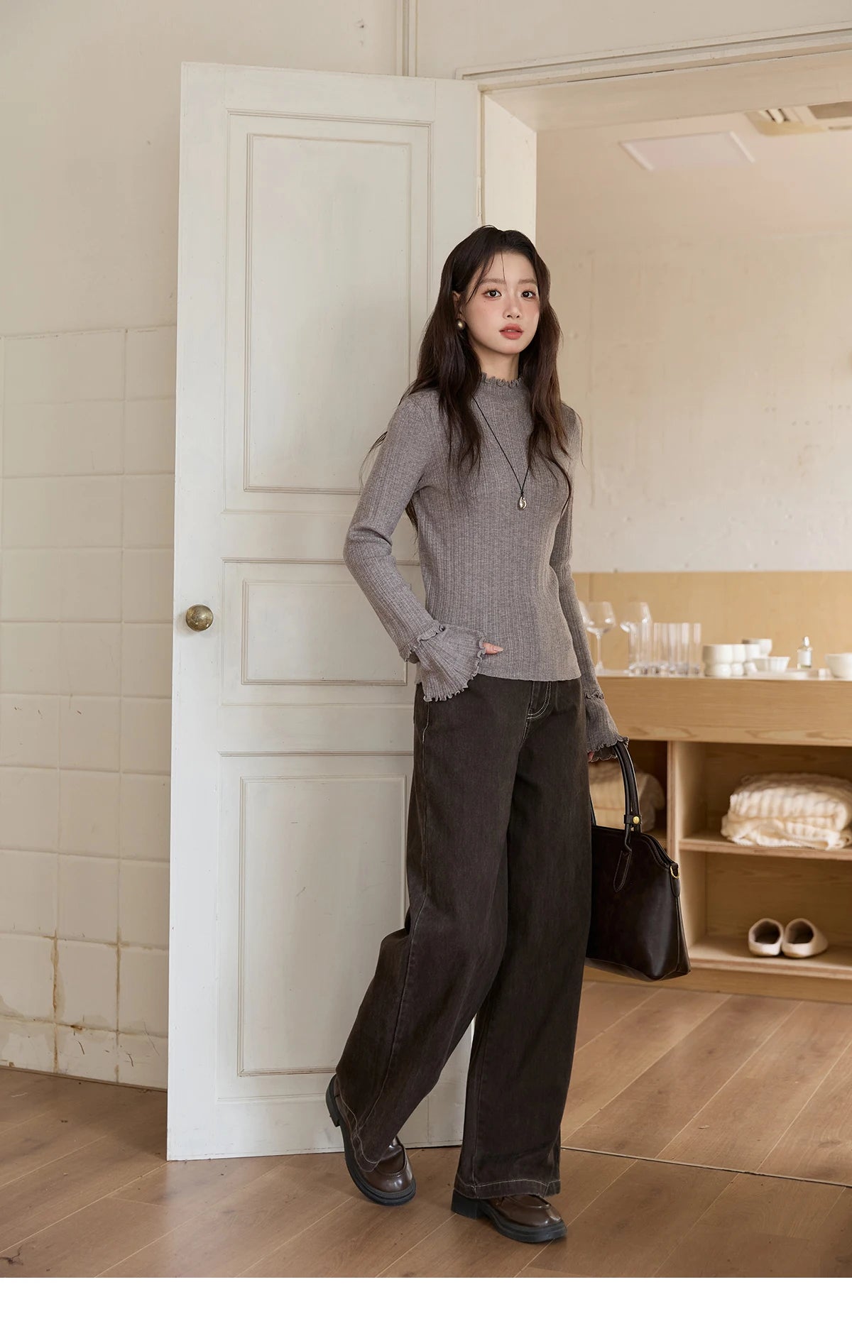 MISHOW Women's Long Sleeve Top 2025 Autumn New Casual Solid Turtleneck Slim Knit Wood Ear Edge Trumpet Sleeve Top MXE51Z2552