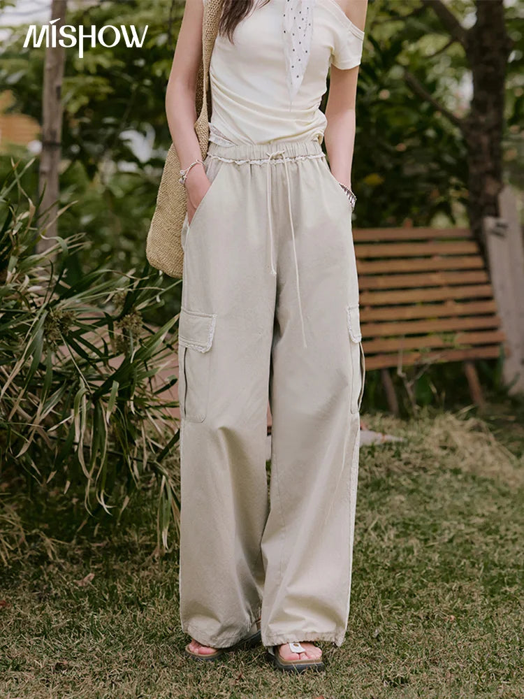 MISHOW Apricot Cargo Pants for Women in Summer 2025 Lace Patchwork Casual Pants Drawstring Elastic Waisted Trousers MXE33K0935