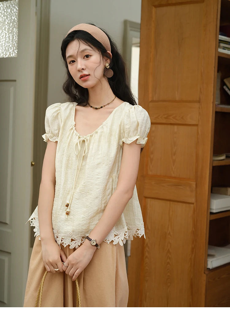 MISHOW Women's French Round Neck Lace Up Blouse 2025 Summer Embroidery Puff Sleeve Flower Spliced Commut Short Top MXE39X1956