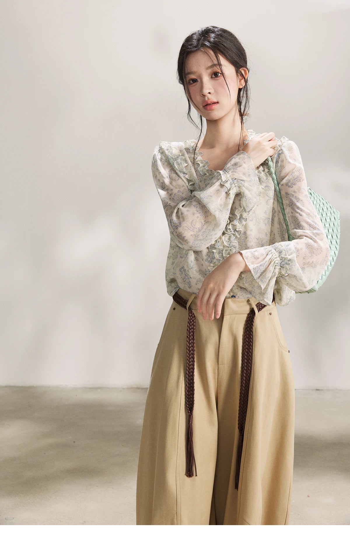 MISHOW Women's Khaki Wide Leg Pants 2026 Spring High Waist Belted Pants Rear Fake Pocket Design Casual Loose Trousers MXF13K1237