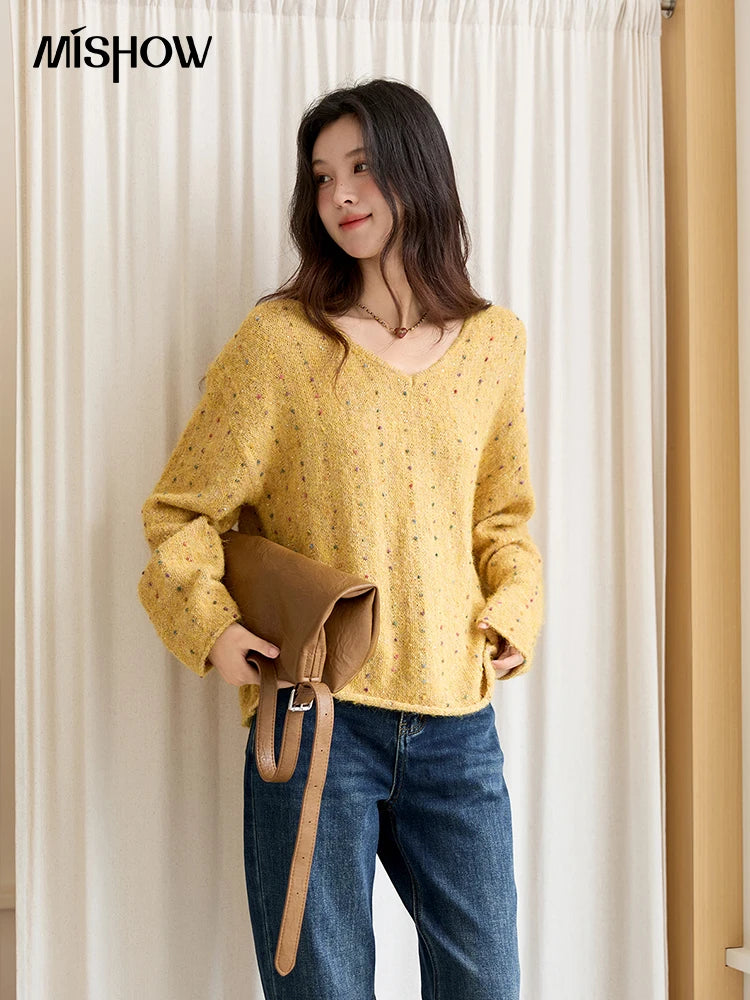 MISHOW Women Long Sleeve Tops 2025 Autumn Retro Yellow Sequins V-neck Sweater Knitted Comfortable Casual Pulllovers MXE47Z2572