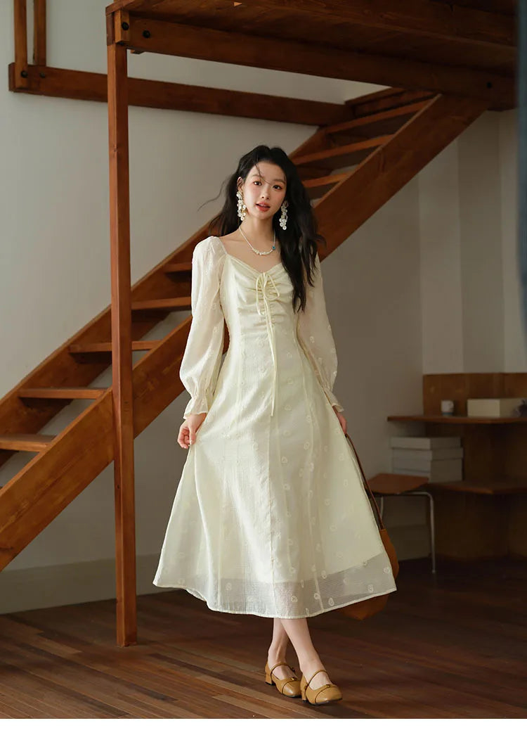 MISHOW Women's Cashew Flower Embroidered Dress 2025 Autumn V-neck Drawstring Long Sleeves Ladies Elegant Slim Dresses MXE41L2387