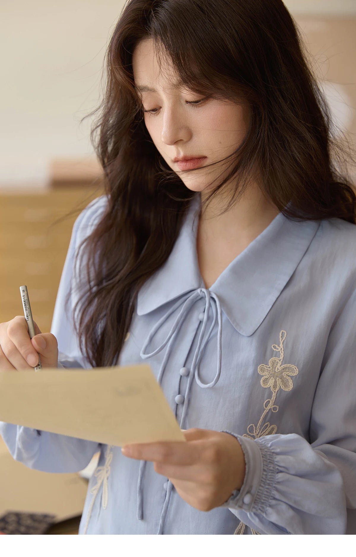 MISHOW Women's 100% Lyocell T-Shirt 2025 Autumn Flower Embroidered Tops Puff Sleeves Lapel Lace-up Shirts Office Lady MXE42C2371