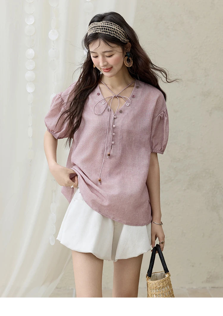 MISHOW French Summer Blouses Women Solid Short Puff Sleeve V-neck Lace-up Design Shirts Female Fashion Straight Tops MXE33X1743