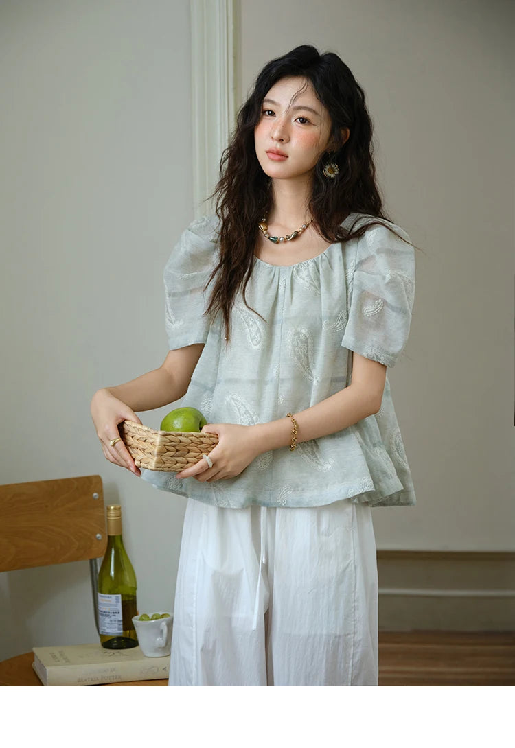 MISHOW O-Neck Blouse for Women 2025 Summer New Fashion Print Embroidery Puff Sleeve Loose Casual Top Ladies Clothing MXE34X1807