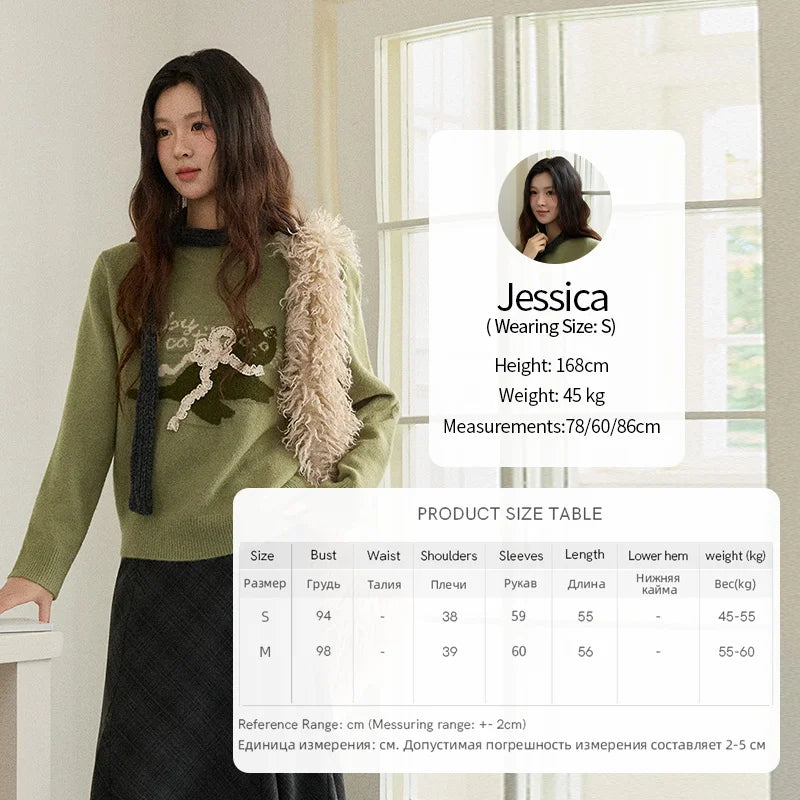 MISHOW Cat Jacquard Pullovers for Woman 2025 Winter Lazy Style Round Neck Three-dimensional Bow Loose Knit Sweater MXE86Z2750