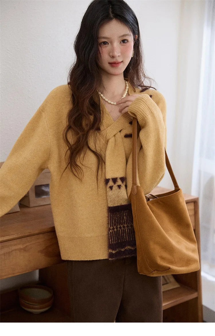 MISHOW Women V-neck Knit Top 2025 French-style Elegant Workwear Long-sleeved Yellow Pullover Women's Winter Clothing MXE87Z2771