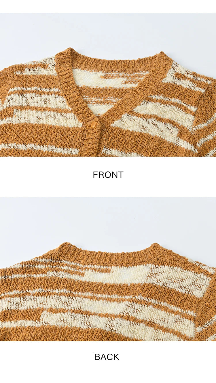 MISHOW Women's Striped Cardigan 2025 Autumn New Retro Yellow V-neck Long Sleeves Single-breasted Short Sweater Coats MXE44Z2516