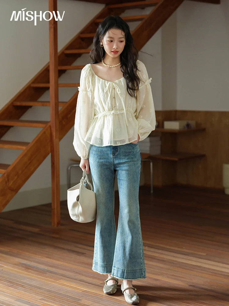 MISHOW Women's Fashion Cashew Flower Embroidered Blouse 2025 Autumn V-neck Lace Up Puff Sleeve Ladies Elegant Top MXE41X1945