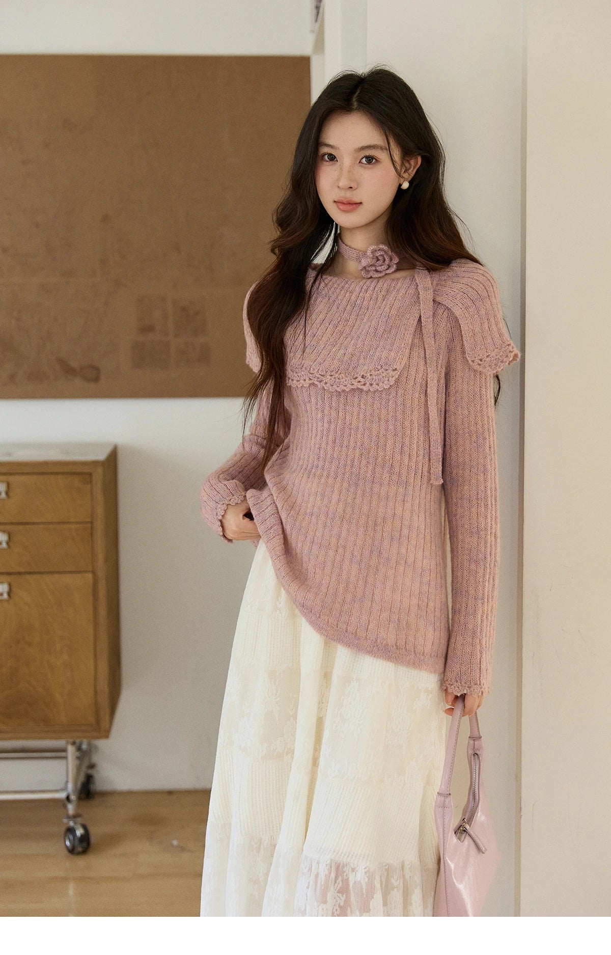 MISHOW Women's Pink Ribbed Knitted Sweater 2026 Spring Large Collar Lace Trim Belted Waist Long Sleeve Pullover Tops MXF11Z2901