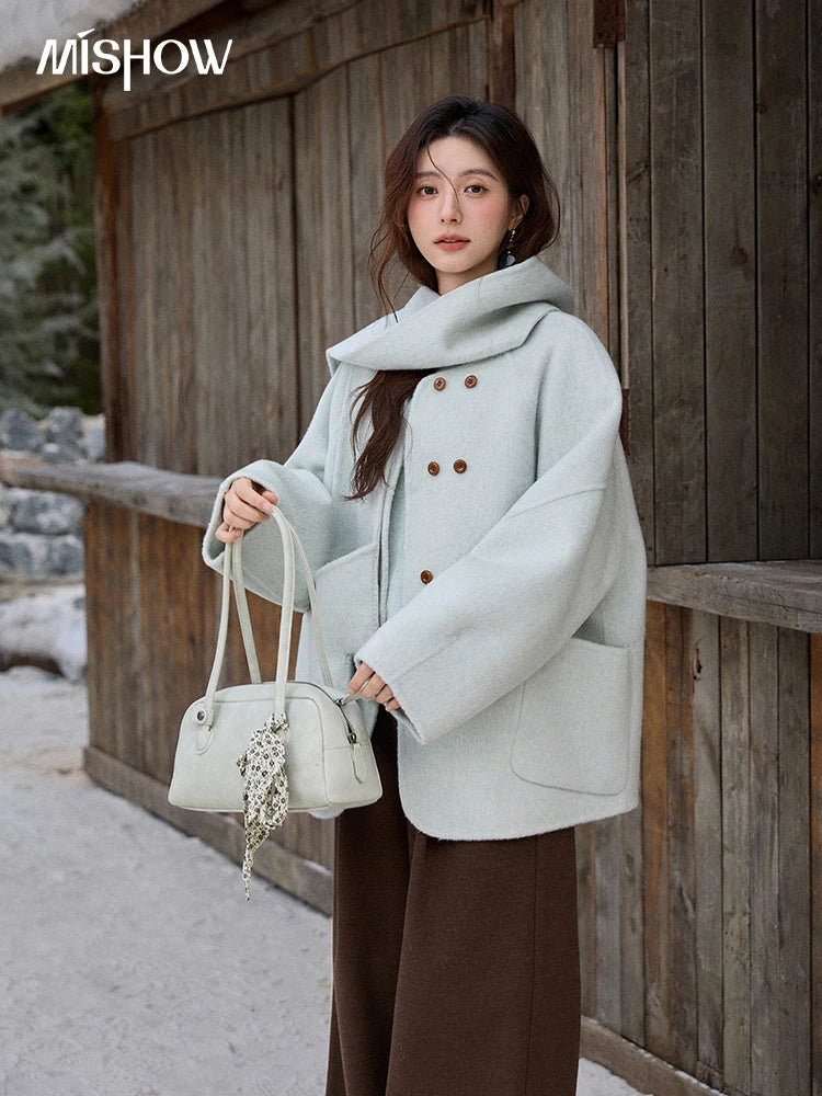 MISHOW 100% Wool Mint Green Double-sided Woolen Coats for Women Winter 2025 Warm Loose Coat with 2-in-1 Scarf Gloves MXE92W1014