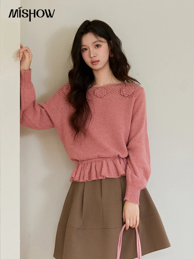 MISHOW Women's Pink Hollow-out Knitwear 2026 Spring Crew Neck Floral Embroidery Sweater Ruffled Hem Casual Loose Top MXE94Z2865