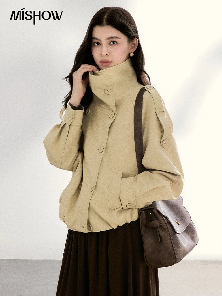 MISHOW Women's Khaki Cropped Short Leather Jacket 2026 Spring Lapel Stand Collar Double Breasted Casual Loose Coat MXF108W1000