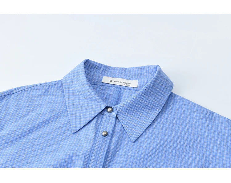 MISHOW Blue Plaid 100 Cotton Shirt Autumn 2025 Bow Tie Waist Matte Silver Butto Shirts Lapel Dropped Sleeved Tops MXE44C2395